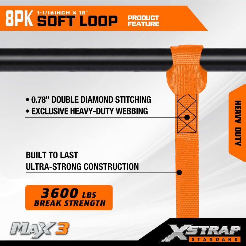 XSTRAP STANDARD Soft Loop Tie-Down Straps 8PK 1-1/16 x 18 inches - 3600LB Breaking Strength, Loops for Securing Trailering of Bikes, ATV, UTV, Motorcycles, Scooters, Dirt Bikes, Lawn Equipment, Orange - Image 4